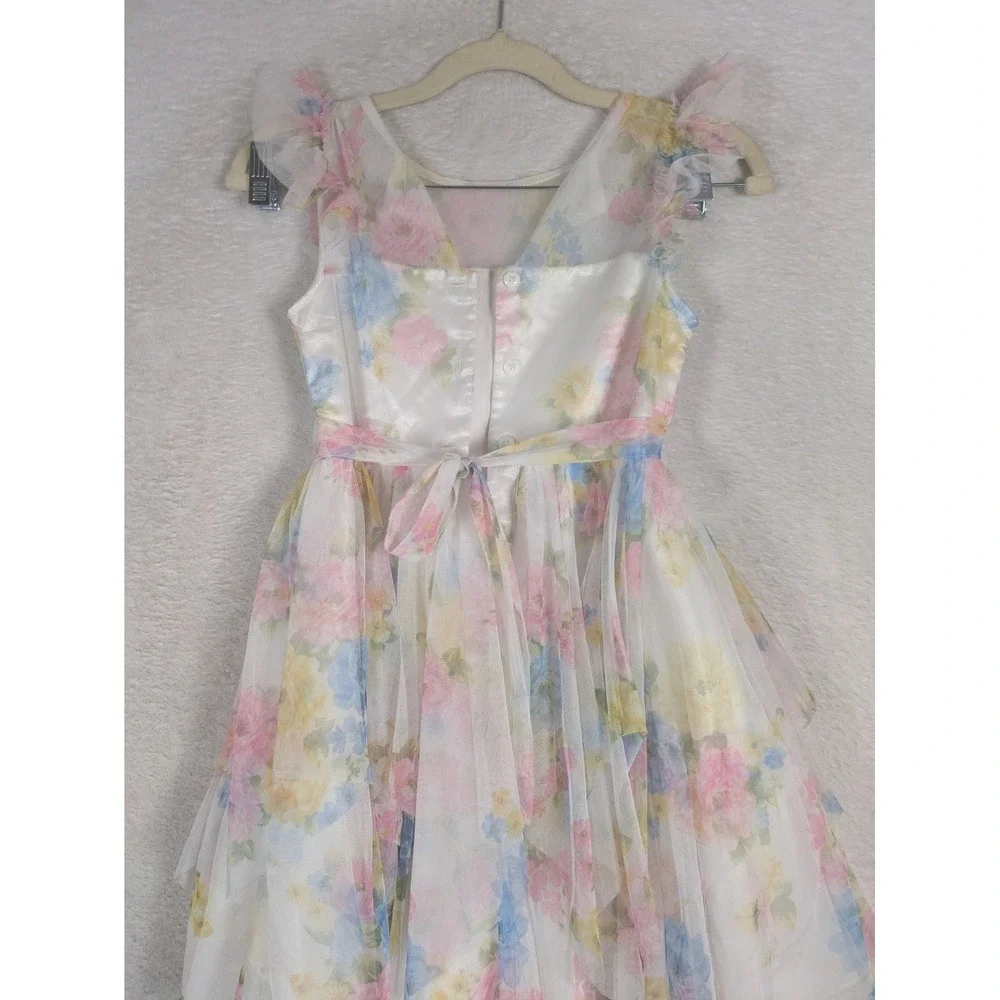 Jona Michelle Party Dress Girl's Size 7 White Floral Sequin Tiered Tulle Bow